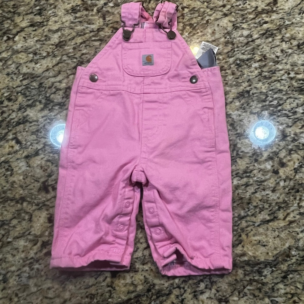 Carhartt Baby Girls Pink Flannel Lined Canvas Bib Overalls 3M Heart Hardware